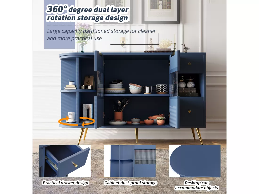 Buffet armoires de rangement bleu marin avec 2 portes battantes en verre éclairage LED poignets et pieds dorés LED RIPHRENS BLUE