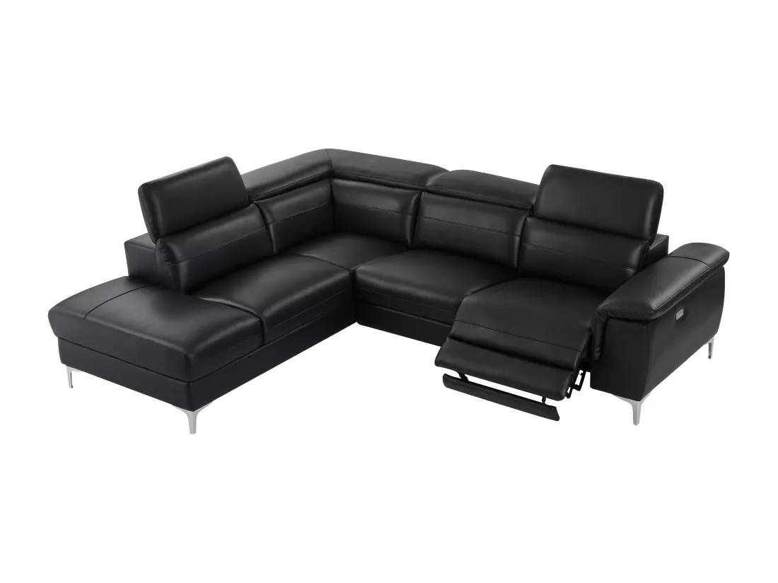 Canapé d'angle gauche relax électrique en cuir noir FUSINO
