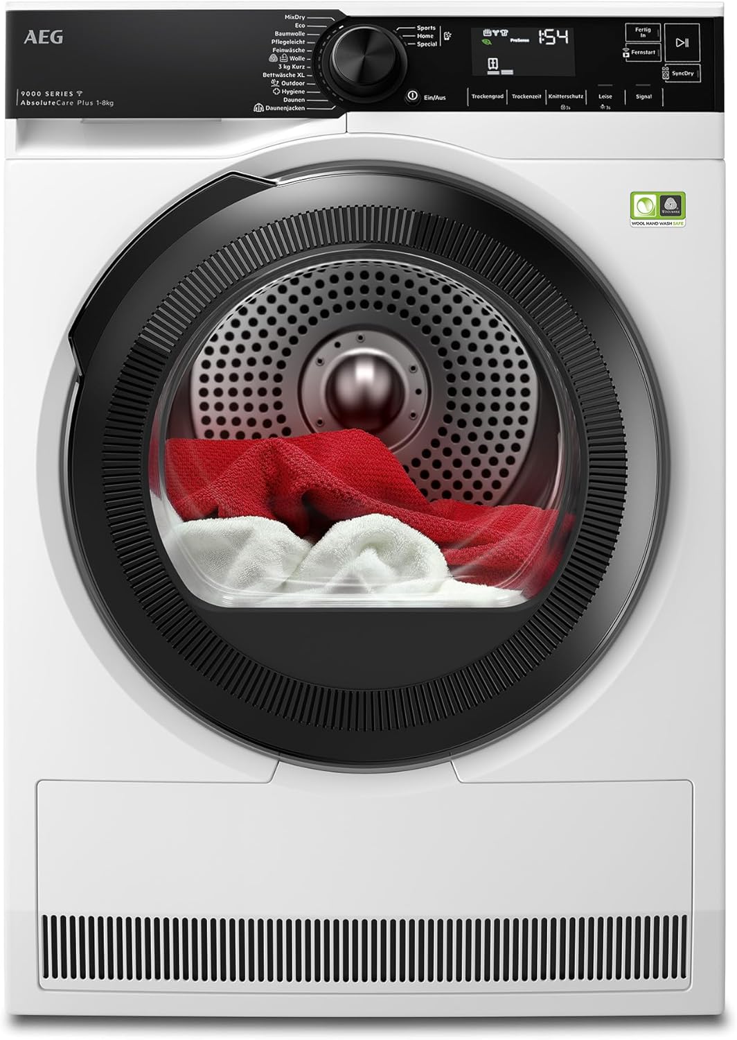 AEG WiFi Wärmepumpentrockner 8 kg, Serie 9000 AbsoluteCarePlus - Daunentrocknung, 3D-Scan Restfeuchteermittlung, B, Energiesparend, Trommelbeleuchtung, Knitterschutz -Weniger Bügelaufwand, TR9W75780