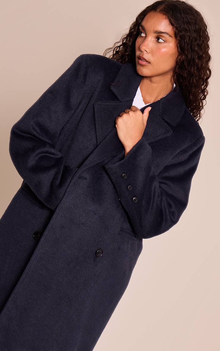 Bleu Marine Manteau Long Structuré En Laine À Double Boutonnage