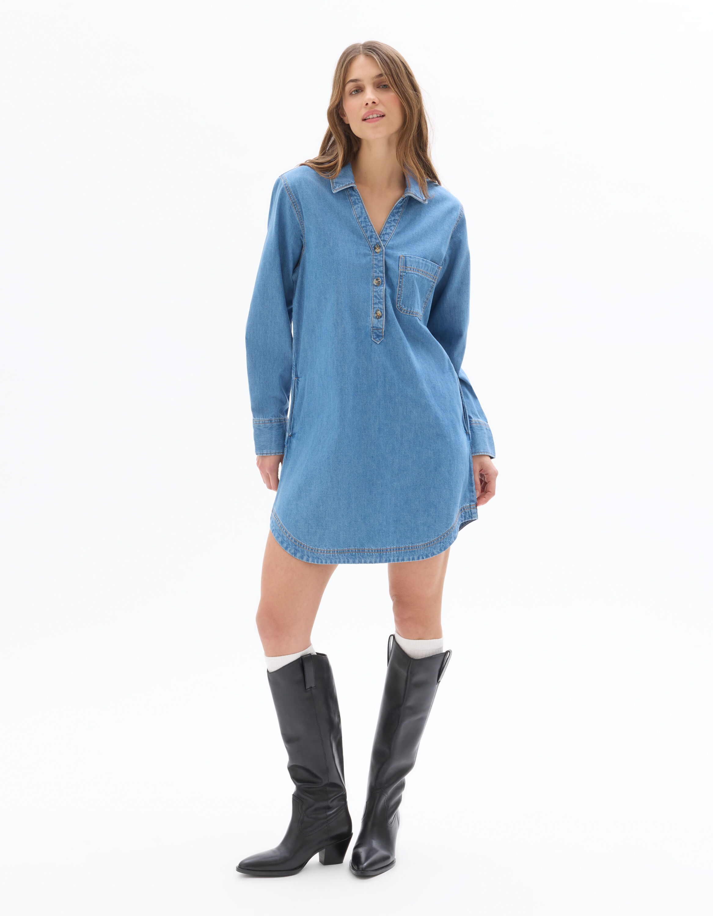 Robe chemise en jean 100% coton - bleu