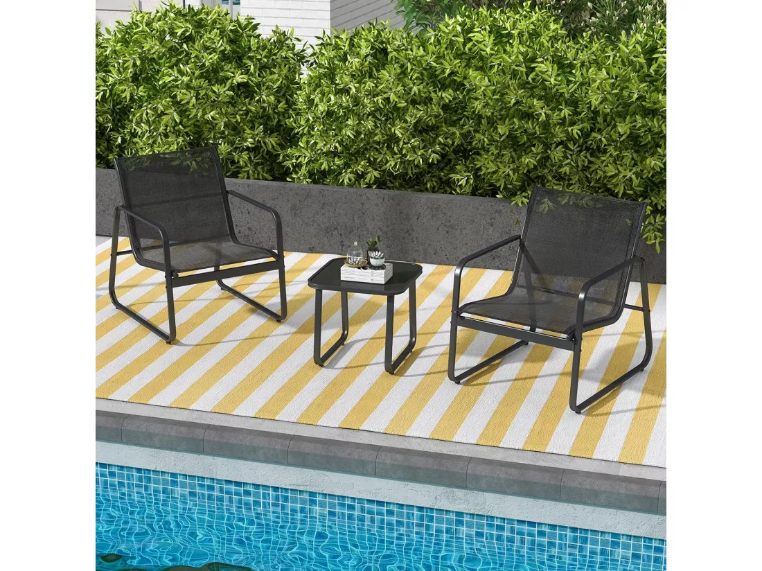 Salon de Jardin 3 Pcs Tissu et velours Respirant et Cadre Métallique Charge 150KG, Ensemble de Meubles de Patio avec Table en Verre Trempé, pour Cour Arrière Bord de Piscine (Noir)