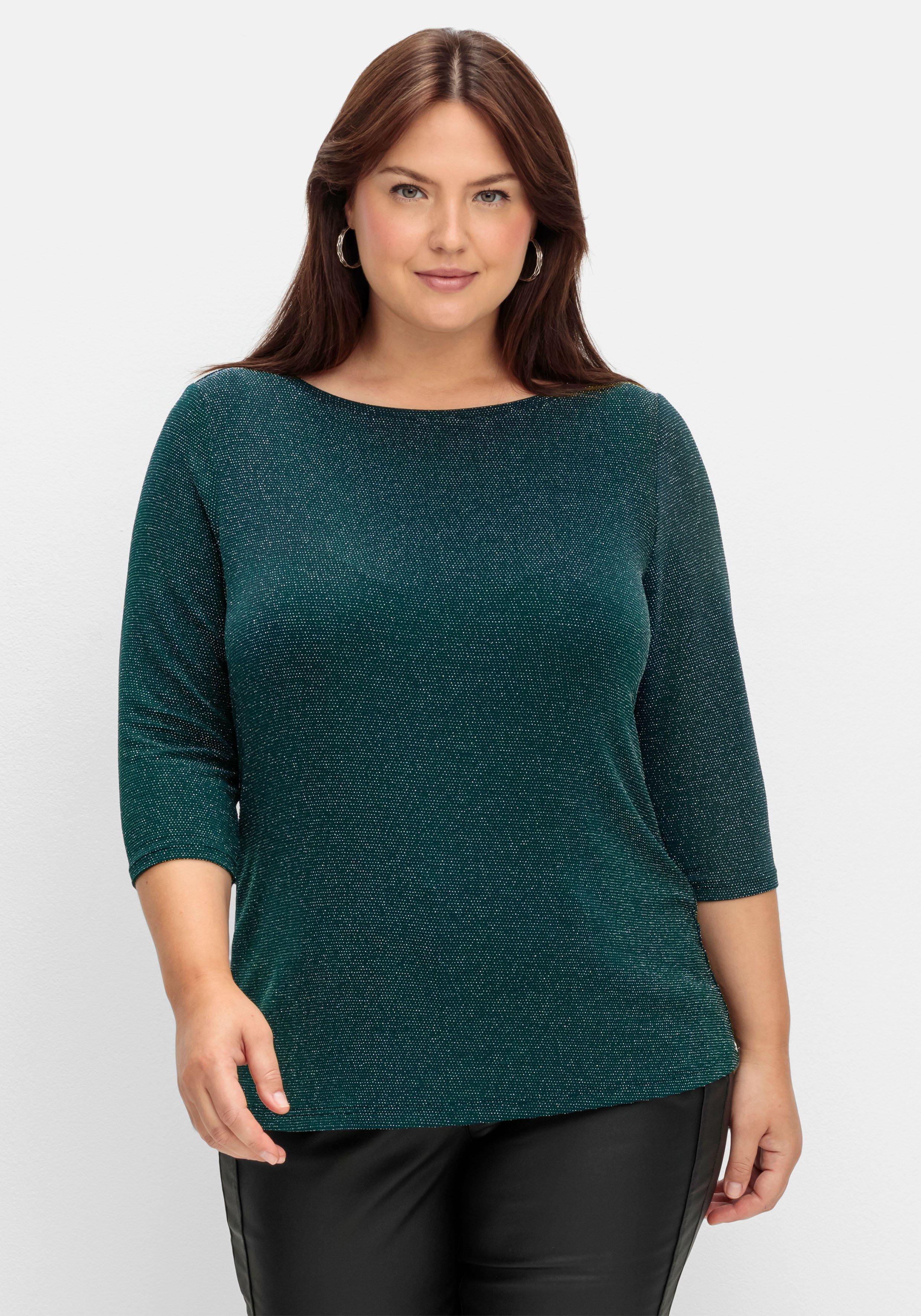3/4-Arm-Shirt mit Glitzergarn und U-Boot-Ausschnitt