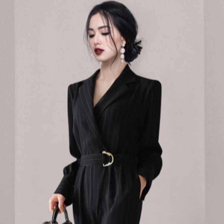 Lewwe - Jumpsuit met lange mouwen, kraag, strepen en wijde pijpen