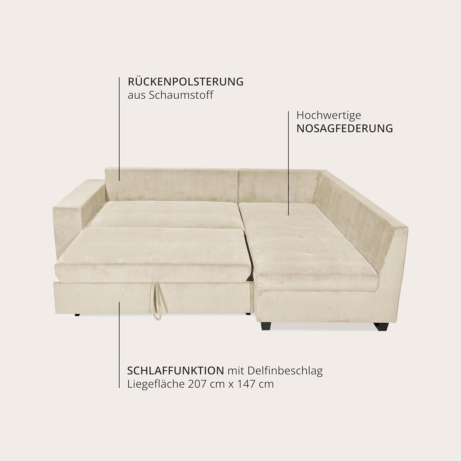 Ecksofa L-Form aus Cordstoff mit Schlaffunktion, beige (Cream) – Liegefläche 147 × 207 cm, Breite 243 cm, Sitzhöhe 45 cm, Modell MIRA