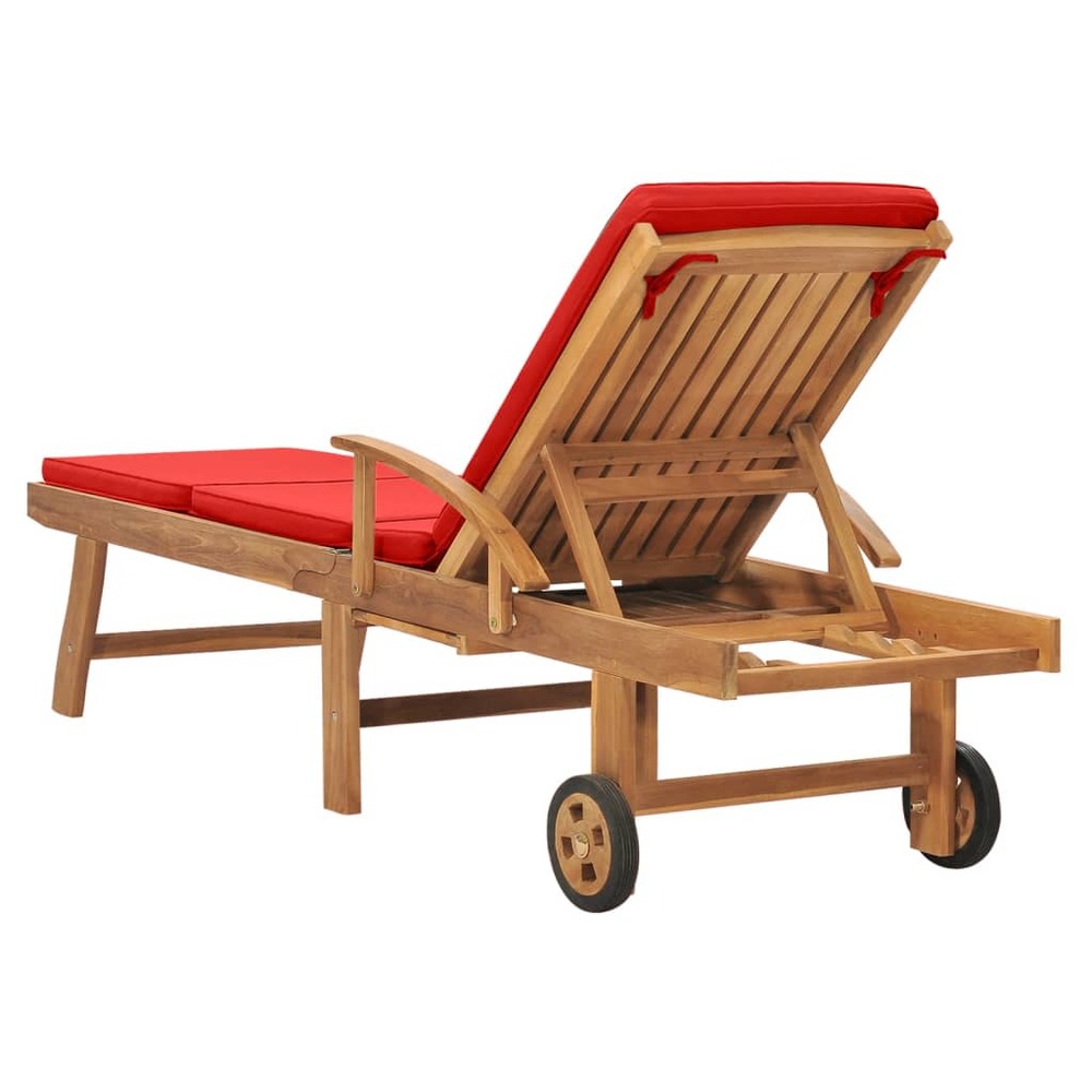 Transat chaise longue bain de soleil lit de jardin terrasse meuble d'extérieur avec coussin bois de teck solide rouge 02_0012