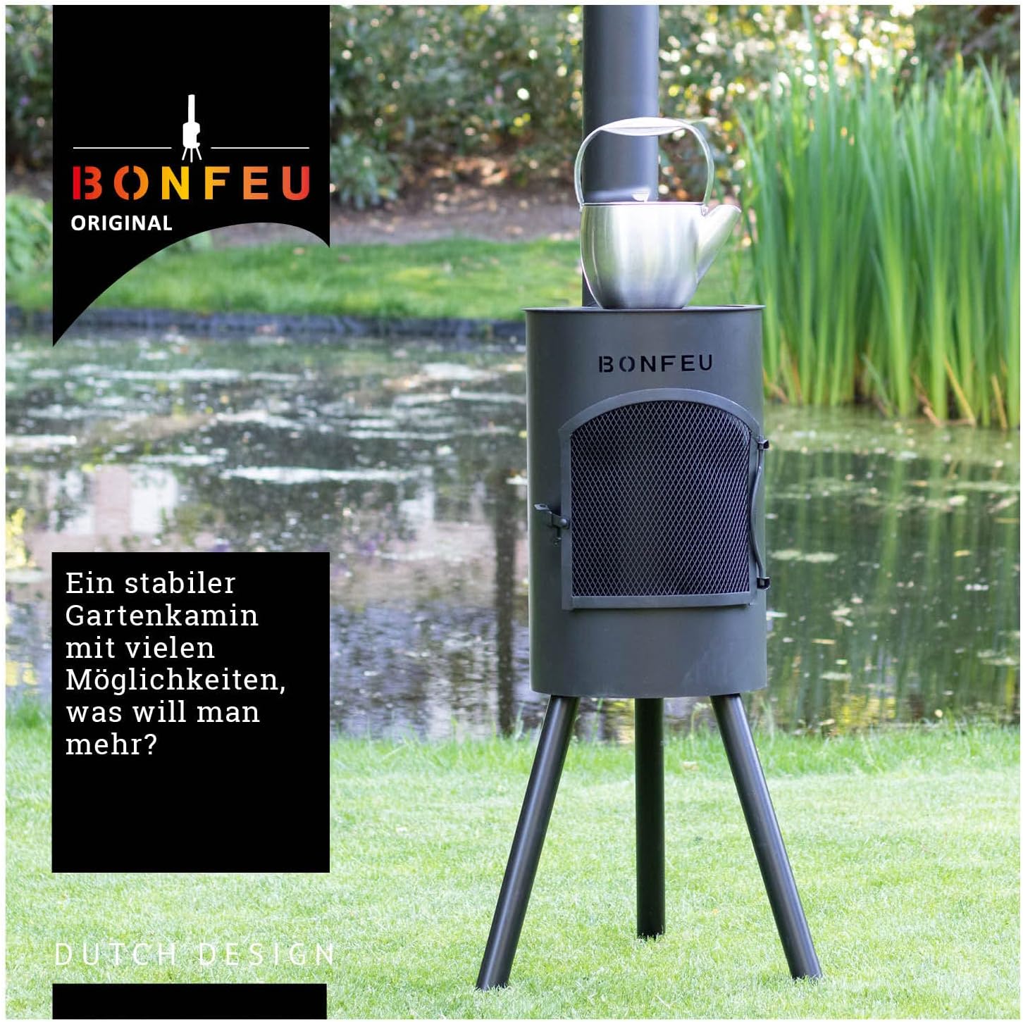 BonFeu Bongiano SP Schwarz - Terrassenofen - Feuerstelle mit Funkenschutz für entspannte Abende - Feuersäule Outdoor - Terrassenkamin mit Grillrost - Gartenofen aus hochwertigem Stahl - 30x30x142cm