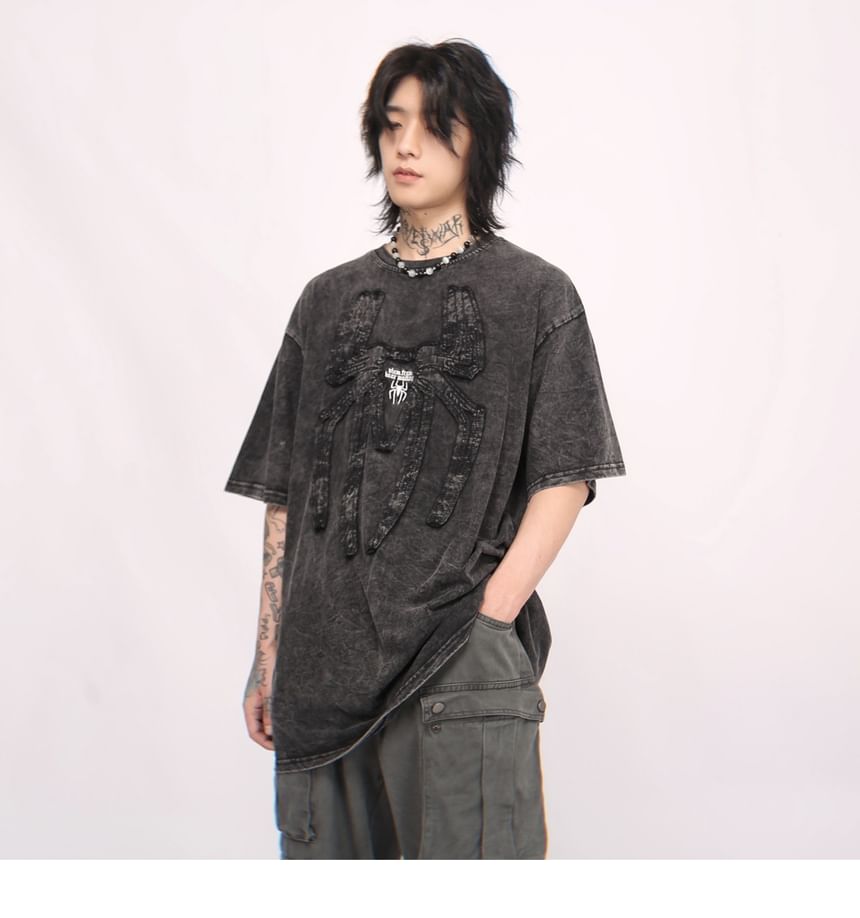 Derbundy - T-shirt met korte mouwen, ronde hals en spinnenapplicatie, gewassen