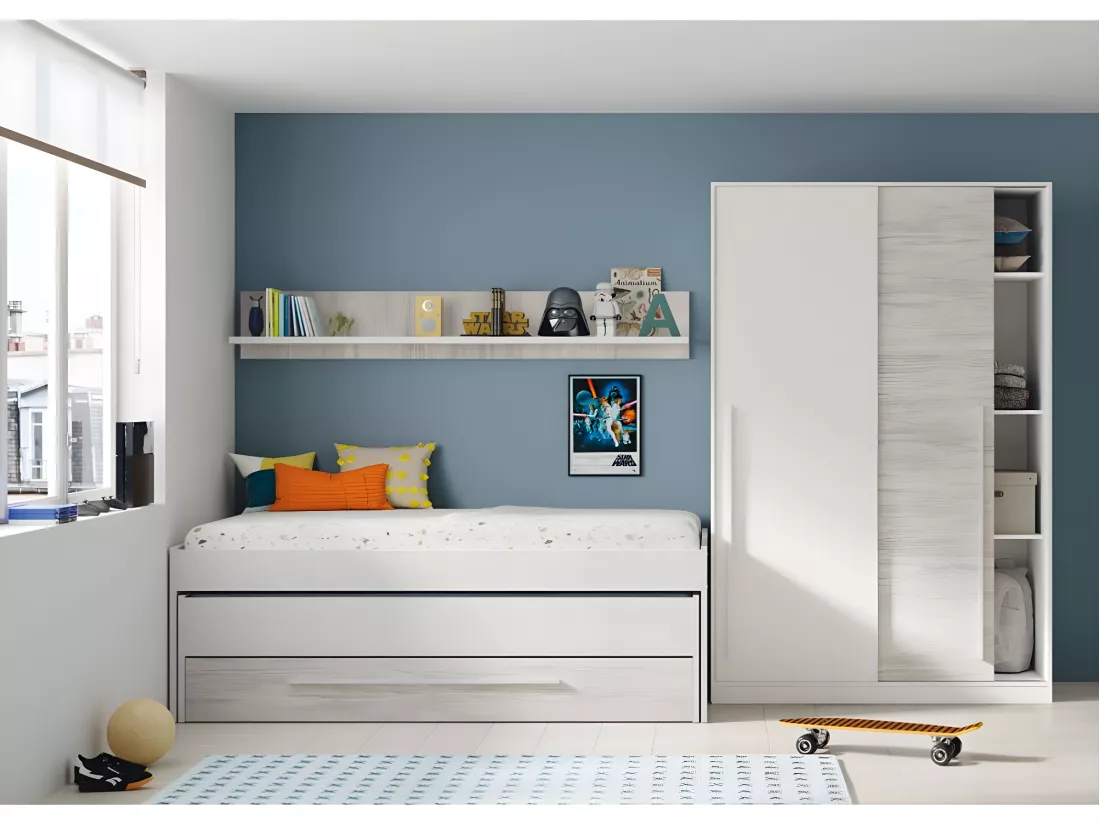Lit enfant gigogne double coloris blanc artic / blanc poli - Hauteur 65 x Longueur 199 x Profondeur 96 cm