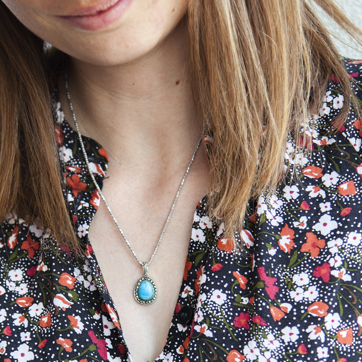 Collier argent 925 turquoise imitation marcassites 45 cm