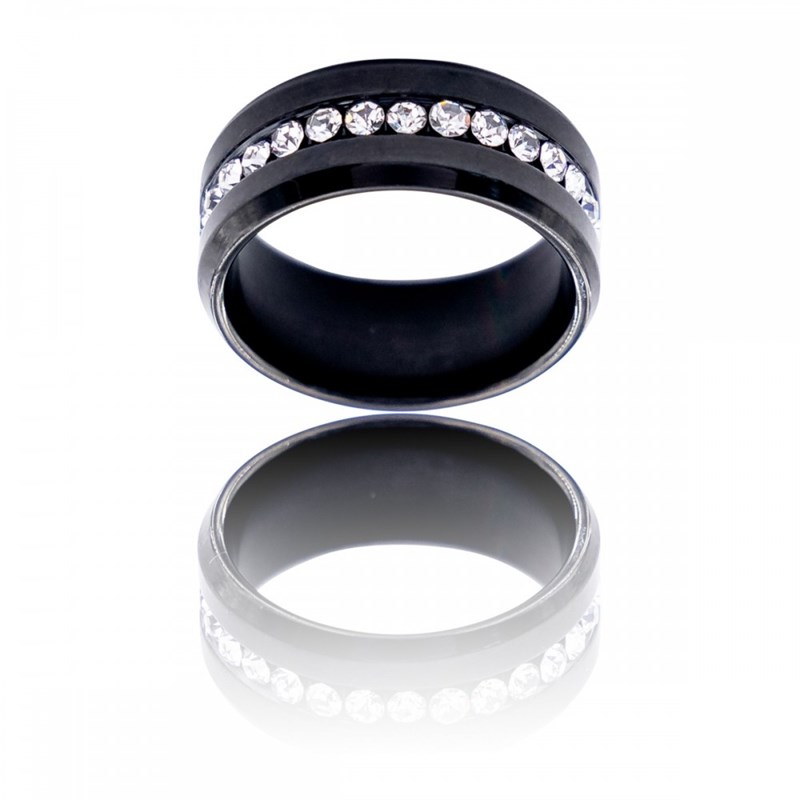 Bague Femme en Acier Noir Ornée Strass