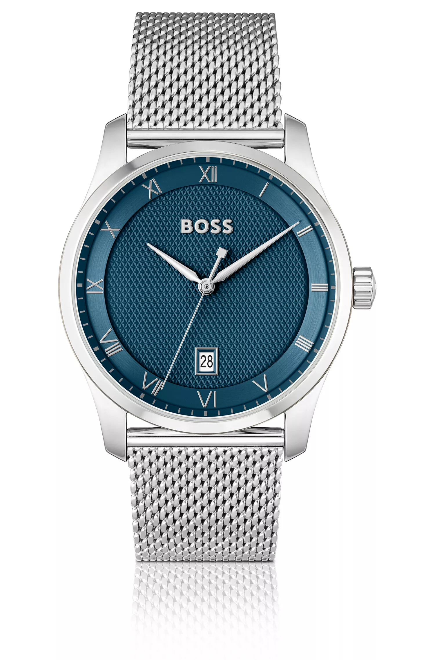 Relógio BOSS com pulseira de malha preta e mostrador com padrão azul.