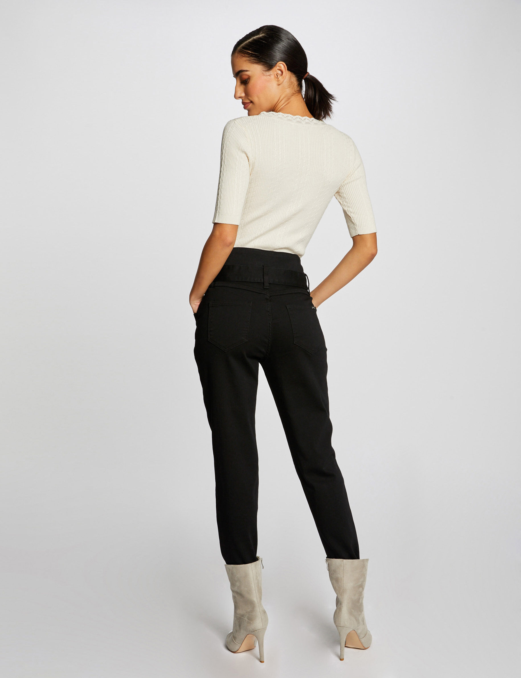 Pull manches courtes avec col en V ivoire femme - ivoire