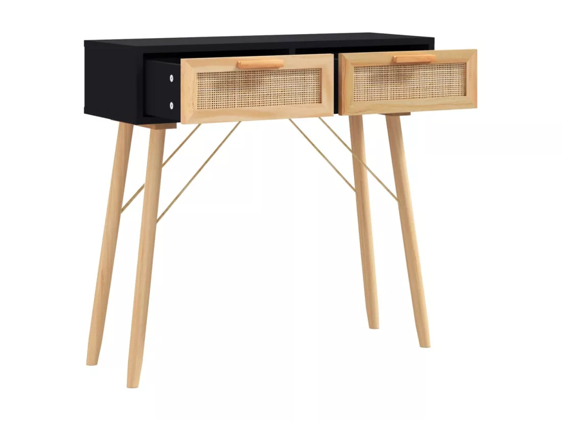 Table console Noir 80x30x75 cm Bois massif pin /rotin naturel