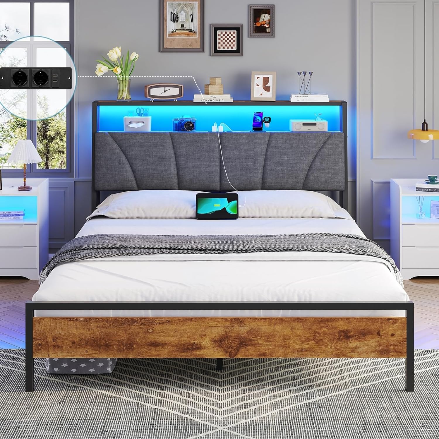 Bett 140x200 mit Lattenrost aus Metall, Bettgestell 140x200cm mit LED Beleuchtung Metallbett 140x200 mit Kopfteil & Ladestation(2 AC-Steckdosen& 2 USB-Anschlüsse) Jugendbett Doppelbett, Grau
