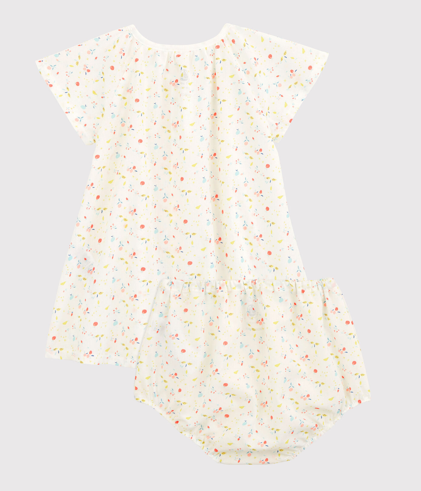 Robe manches courtes fruitée avec bloomer bébé fille en tubique chaine et trame en coton biologique