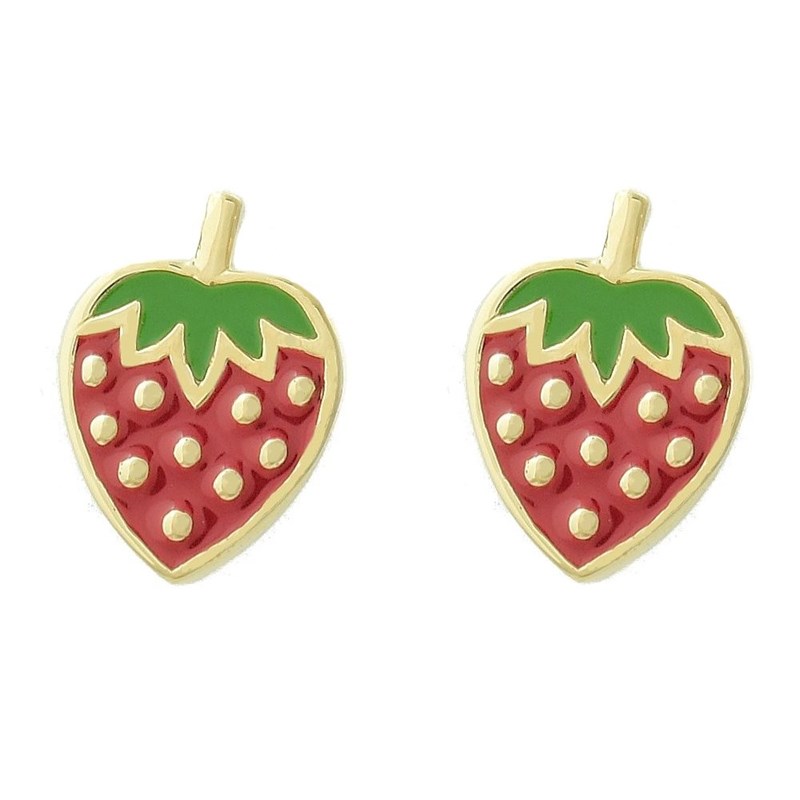 Boucles d'oreilles fraise émail coloré Plaqué OR 750 3 microns
