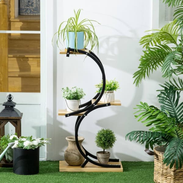 Plantehylle S-Formet 4-Lags Blomstertrapper, Plantestativ Med Metallramme, Heltre, Svart, 46X25X91Cm