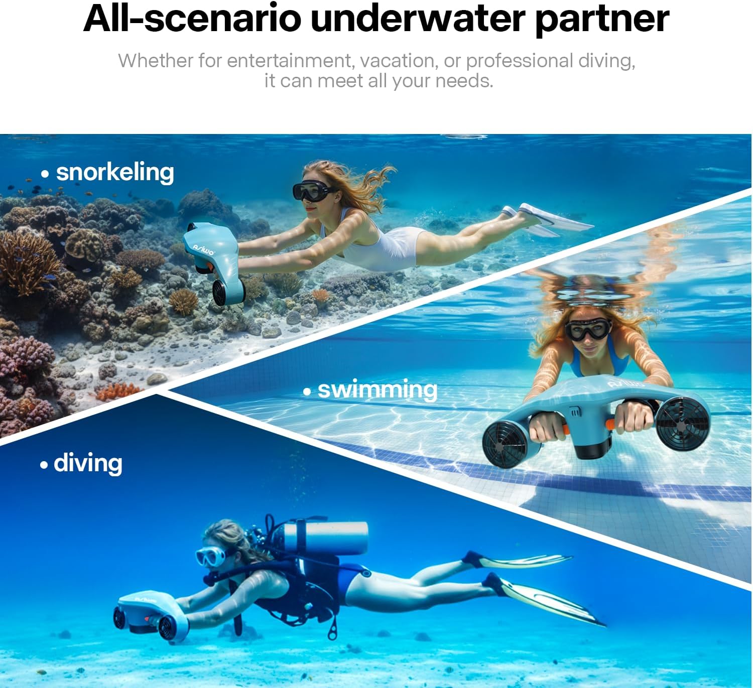 Asiwo Unterwasserscooter Tauchscooter Manta 2 mit Starker Schub,Seascooter mit mit Action Kamera Halterung Doppelmotor für Tauchen Schwimmen Schnorcheln Abenteuer und Fischen jagen
