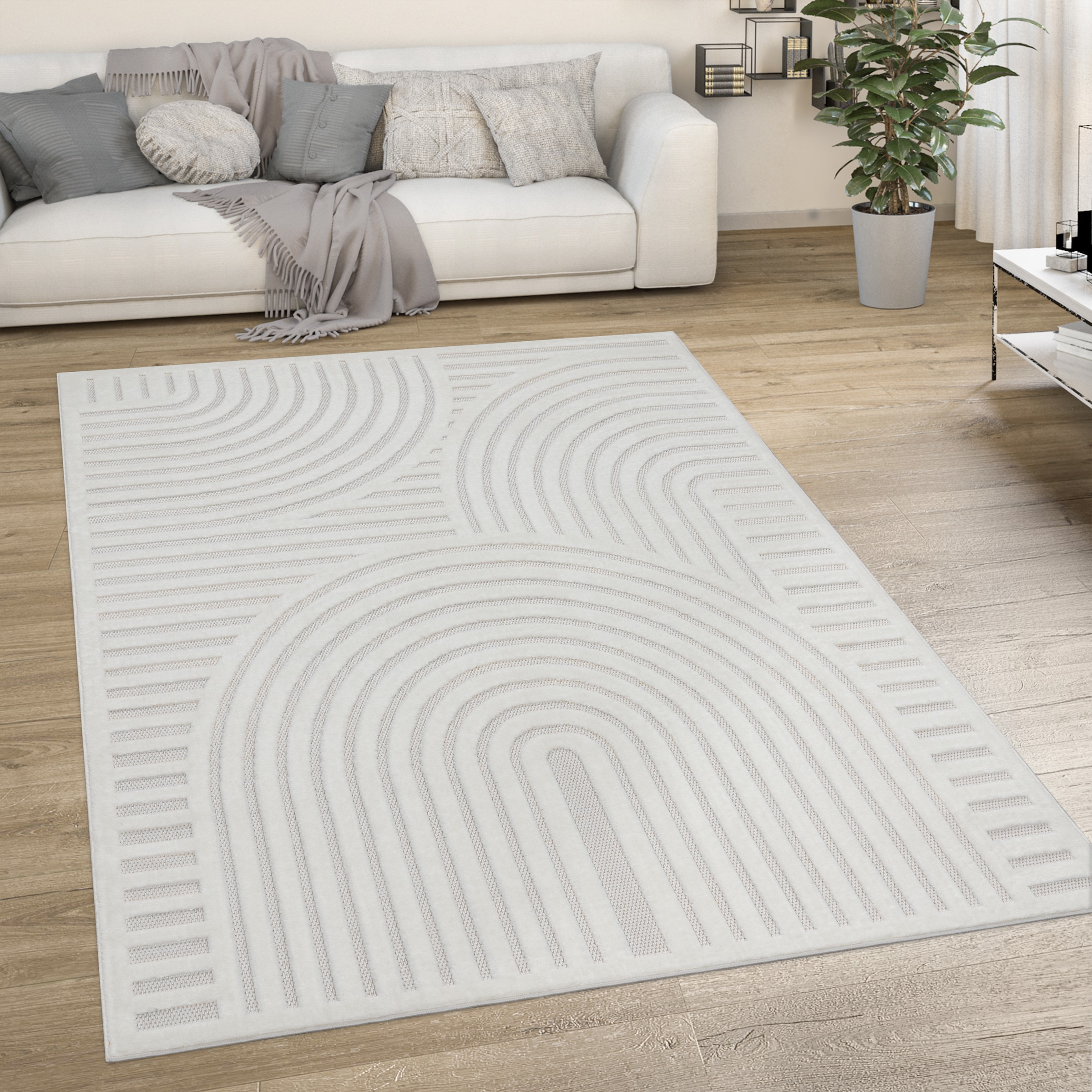 Paco Home Teppich »Livorno 674« rechteckig 14 mm Höhe Uni Farben, moderner Hoch-Tief-Effekt, Scandi-Look, Outdoor geeignet