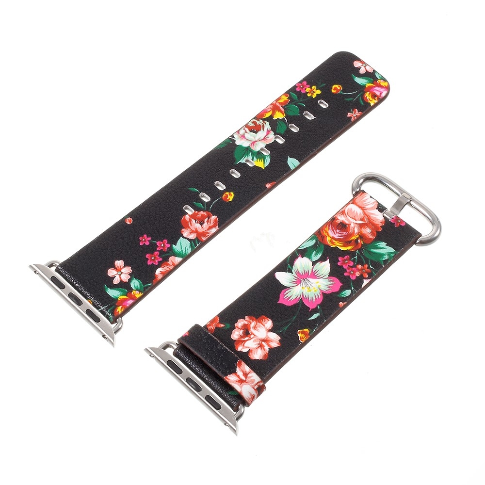 Apple Watch (49/46/45/44 mm) Ersatz Leder Armband Bunte Blumen - Schwarz