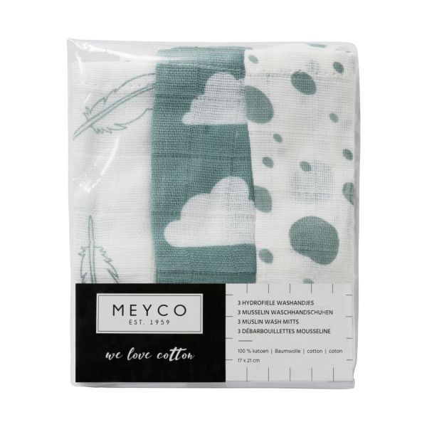 Meyco Feather Washand Jade / Wit 3 Stuks