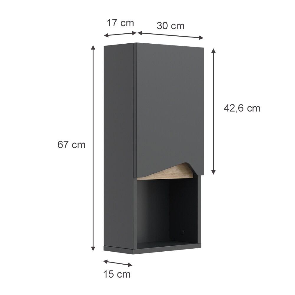 Vicco Hängeschrank Marelle Anthrazit Eiche 30 x 67 cm mit Tür und offenem Fach