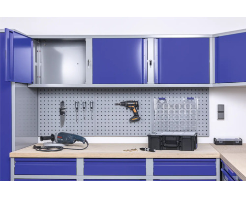 Industriële wandkast 1770 x 438 x 299 mm, 1 dubbele deur, 1 legplank, 1 deur, 1 open vak, grijs/blauw
