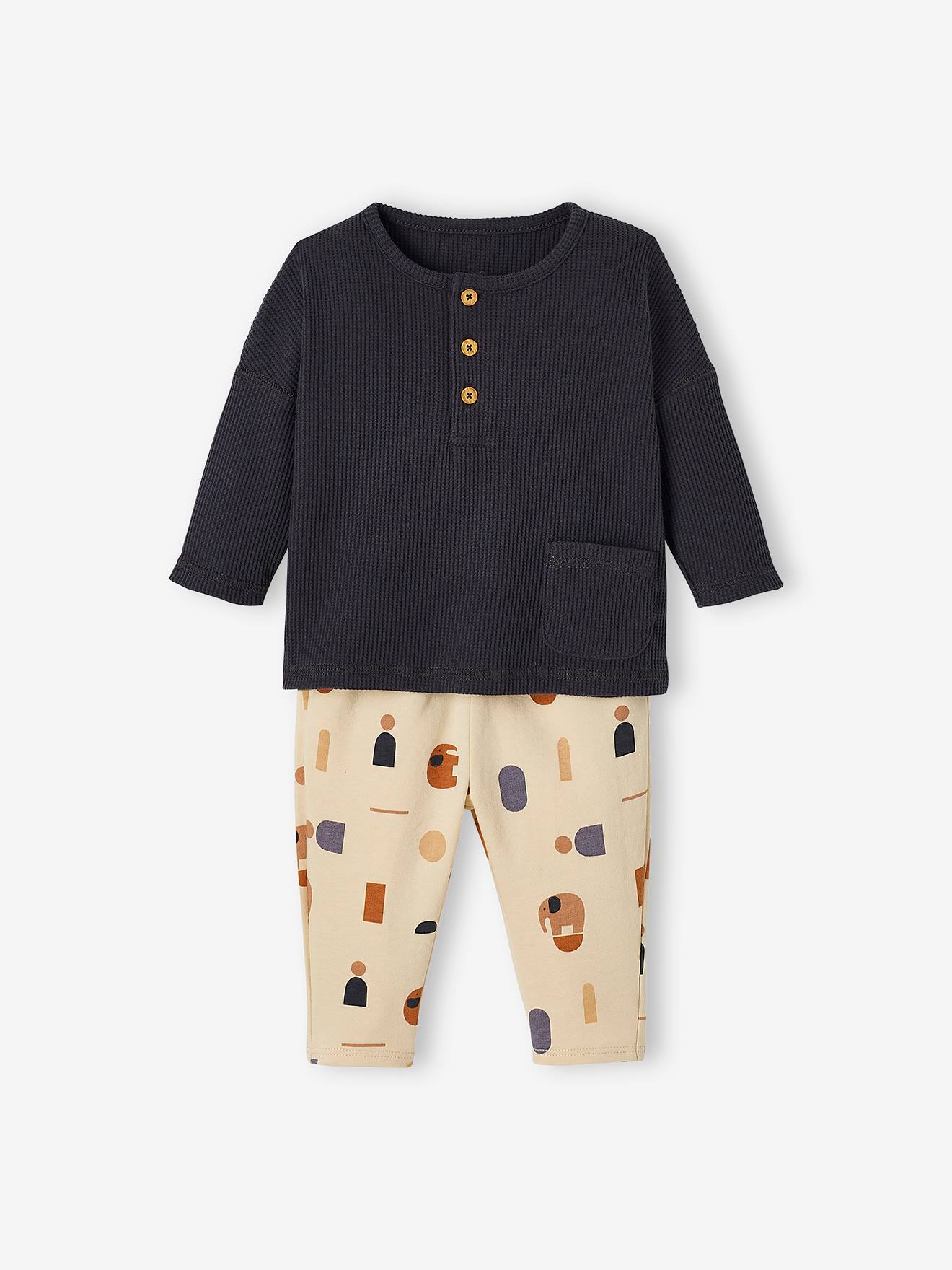 Conjunto para bebê composto por camiseta e calça de fleece cinza escuro liso.