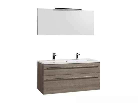 Meuble sous-vasque 120cm + vasque + miroir + éclairage MAIA / Décor Chêne clair grisé