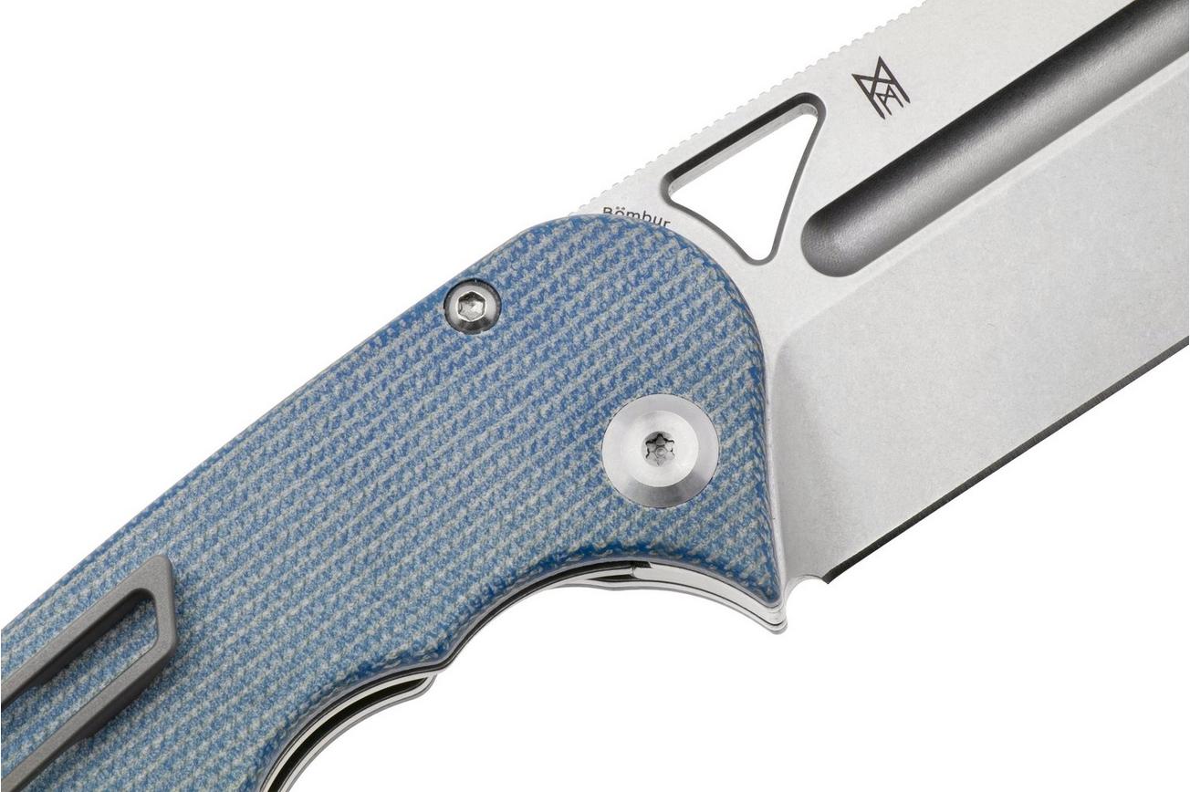 Tenable Knives Bömbur T1054A5 Stonewashed D2, Blue Micarta, zakmes, Midgards Messer design
