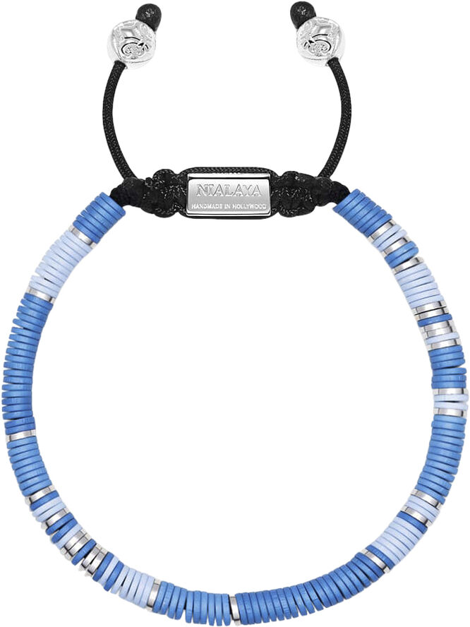 Nialaya Men's Beaded Bracelet with Light Blue and Silver Disc Beads Blue / silver