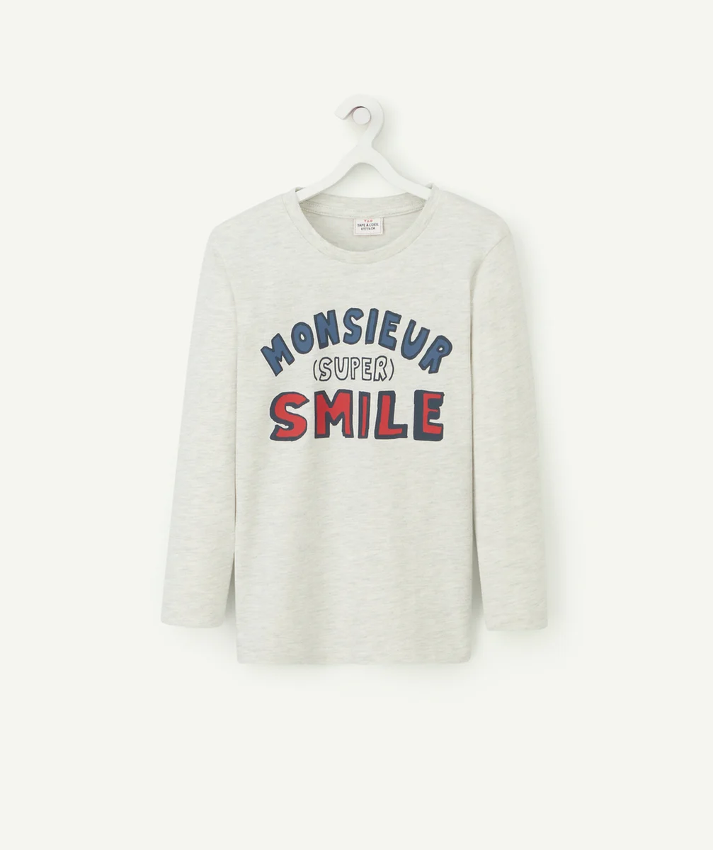 T-SHIRT GARÇON EN COTON BIO GRIS AVEC MESSAGE SMILE
