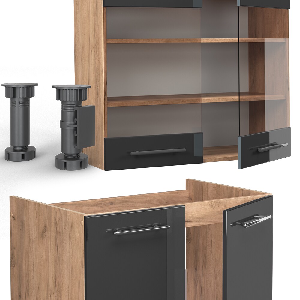 Vicco Küchenzeile Küchenblock Einbauküche Fame-Line Eiche Anthrazit 240 cm modern Küchen Schränke Spülenunterschrank Schubunterschrank Hängeschrank Hängeglasschrank Hochglanz