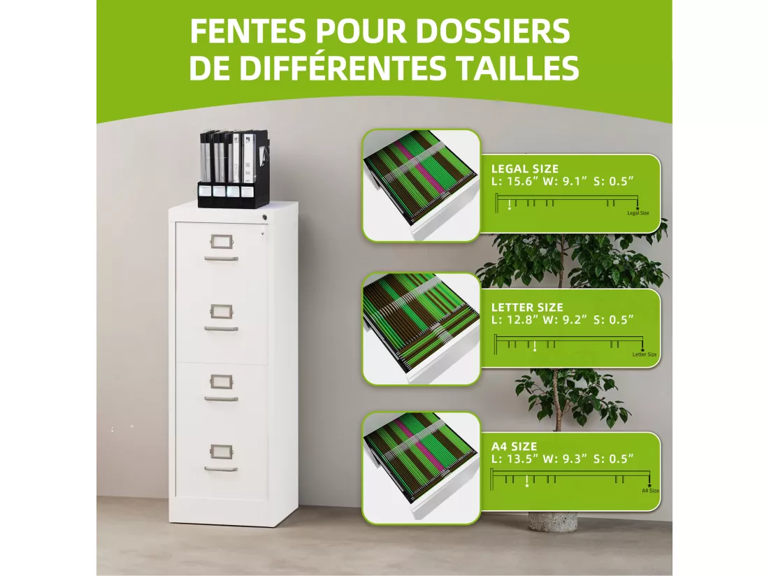 Classeur 4 tiroirs - pour format lettre/légal/A4 - pour le bureau à domicile - blanc - 45.8 x 45 x 133cm