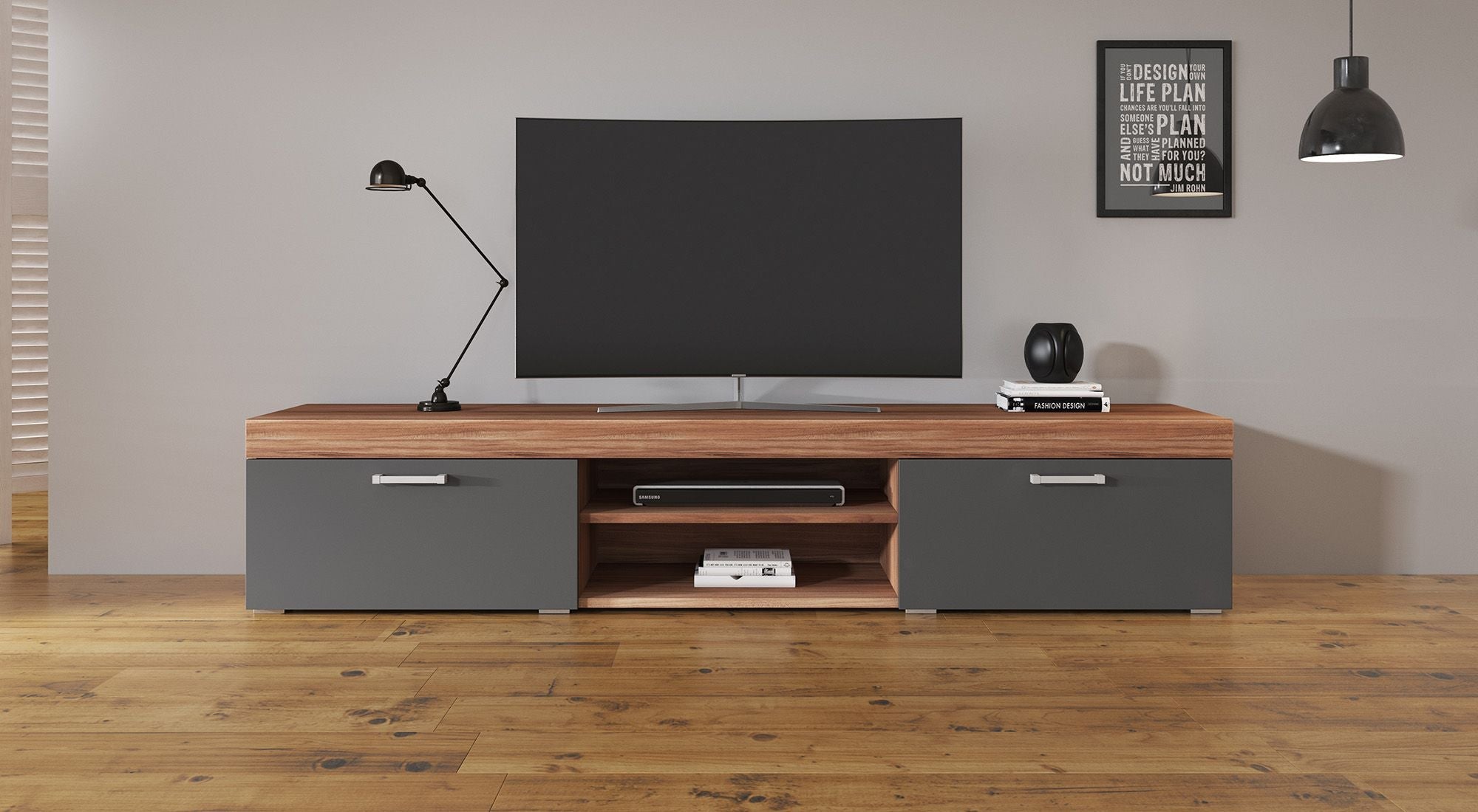 Meubella - TV-Meubel Slim - Grijs - Eiken - 200 cm