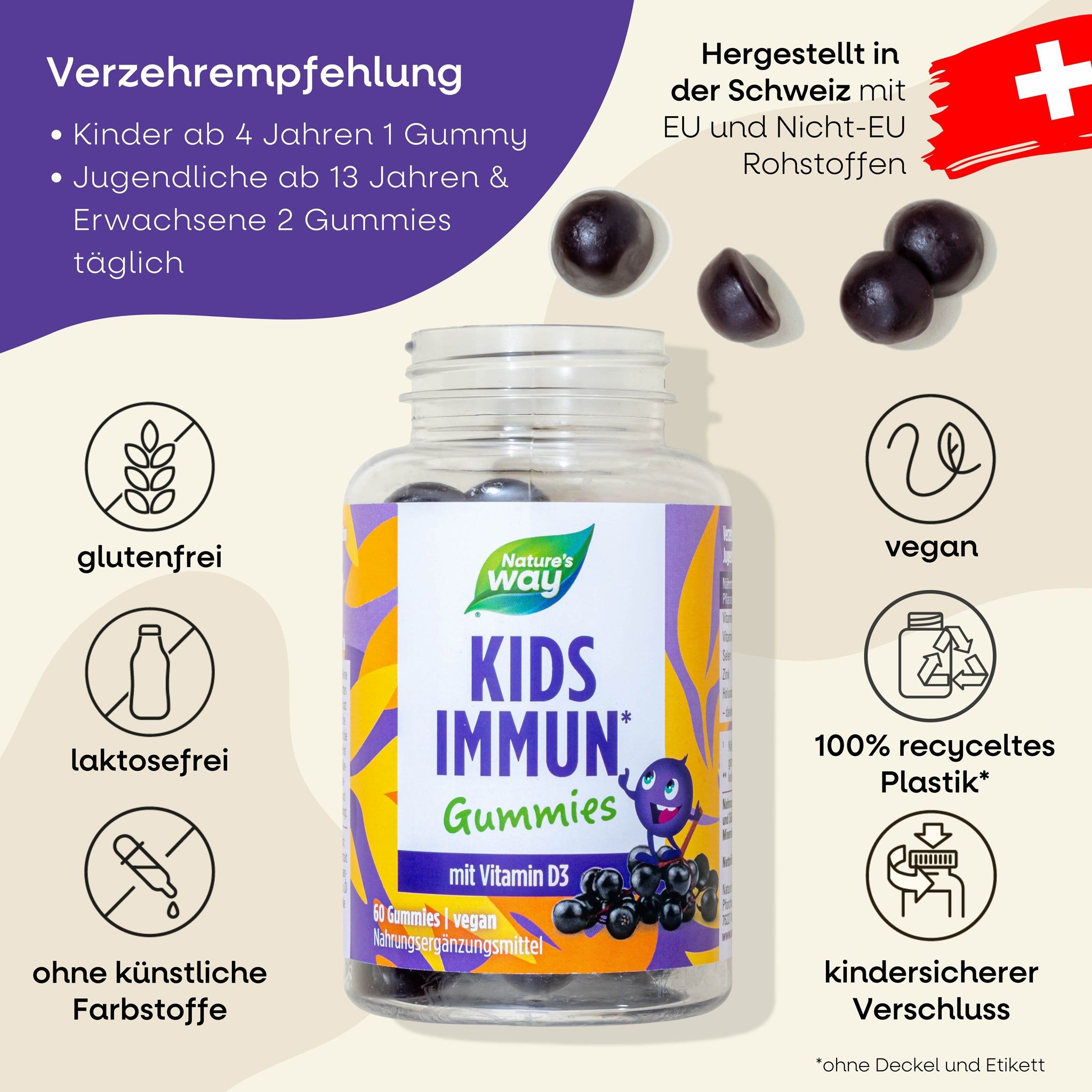 Nature's Way Kids Immun Gummies - mit Vitamin C, D3, Selen, Zink & Holunderbeeren-Extrakt