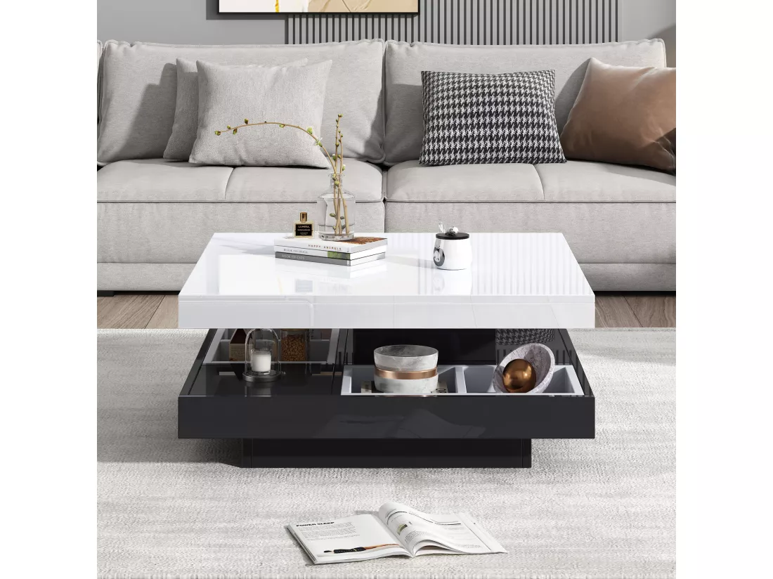 Table basse avec rangements 70x70x36 cm - plateau brillant orientable à 360° - Blanc & Noir