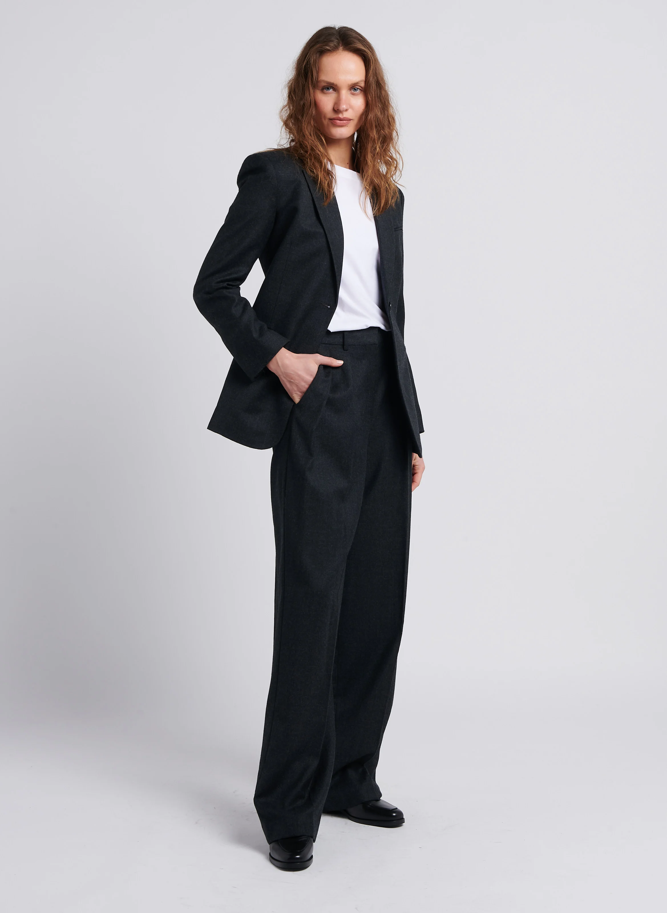 Pantalon large à pinces en laine| Gris