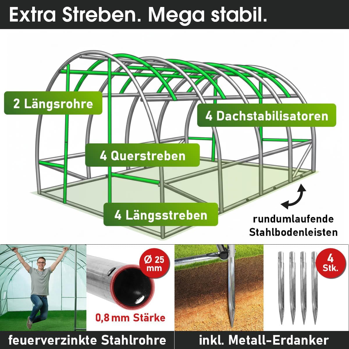 BRAST Gewächshaus Foliengewächshaus mit Stahlfundament | 2x3m - 3x8m | inkl. Erdanker Unkrautvlies & 8 Aufrollbare Fenster mit Moskitonetz | UV-stabilisierte Gitterschutzfolie 200g/m² | 300x400cm
