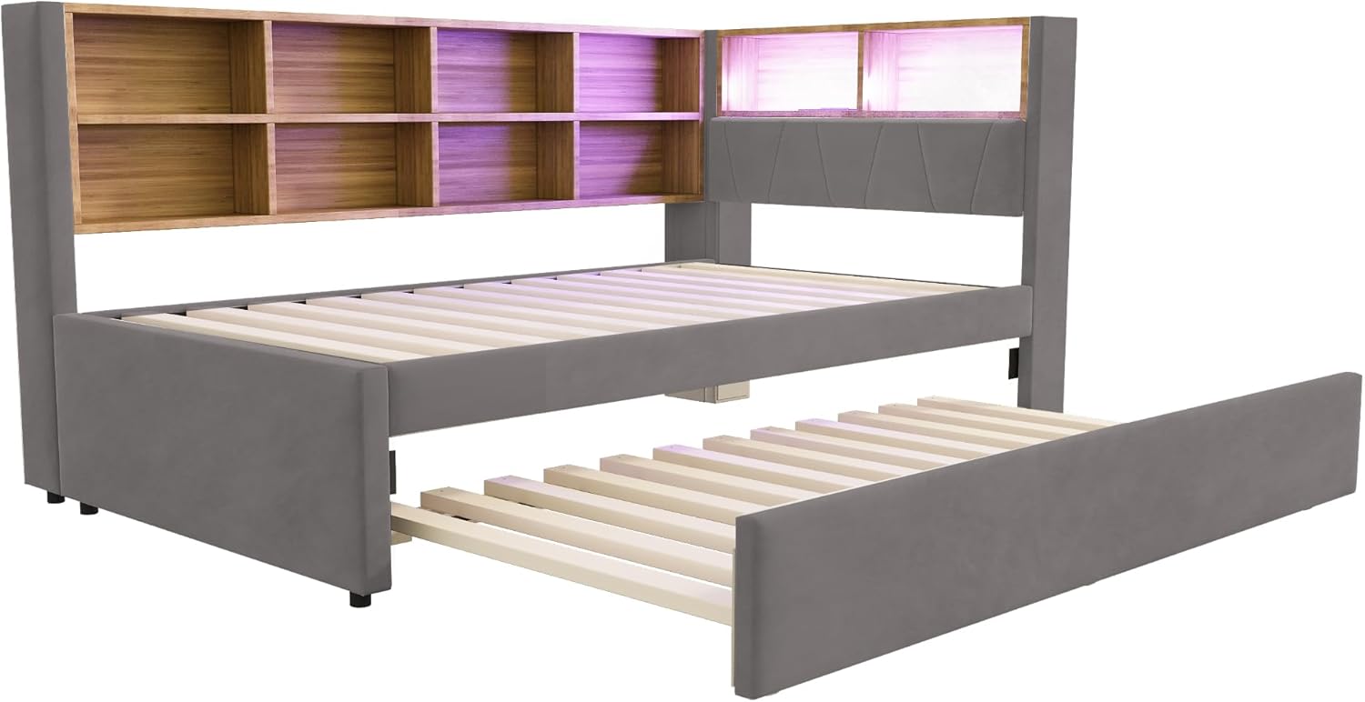 Polsterbett Einzelbett 90x200, Tagesbett Schlafsofa mit Ausziehbett&LED Licht&USB-Anschluss&vielen Ablagefächern, Bettgestell Gästebett Jugendbett mit Lattenrost, Flanell, Ohne Matratze, Dunkelgrau OX0194603