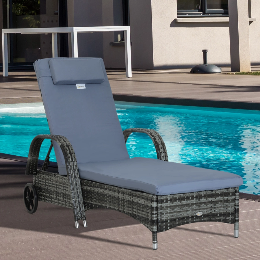 Outsunny Mobile Rattanliege für den Garten grau, blau