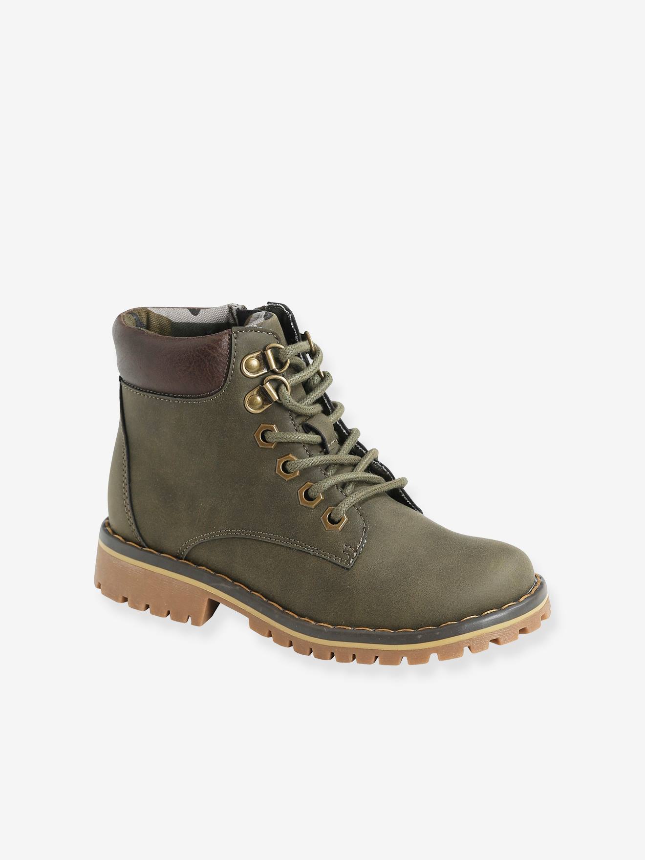 Botas de cano curto com cadarço e zíper para meninos, verde escuro liso