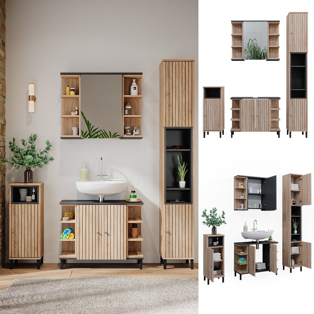 Vicco Badmöbel-Set Aquis, Sonoma Anthrazit, Badezimmer, moderne Badserie, Waschtischunterschrank, Spiegelschrank, Midischrank, Hochschrank