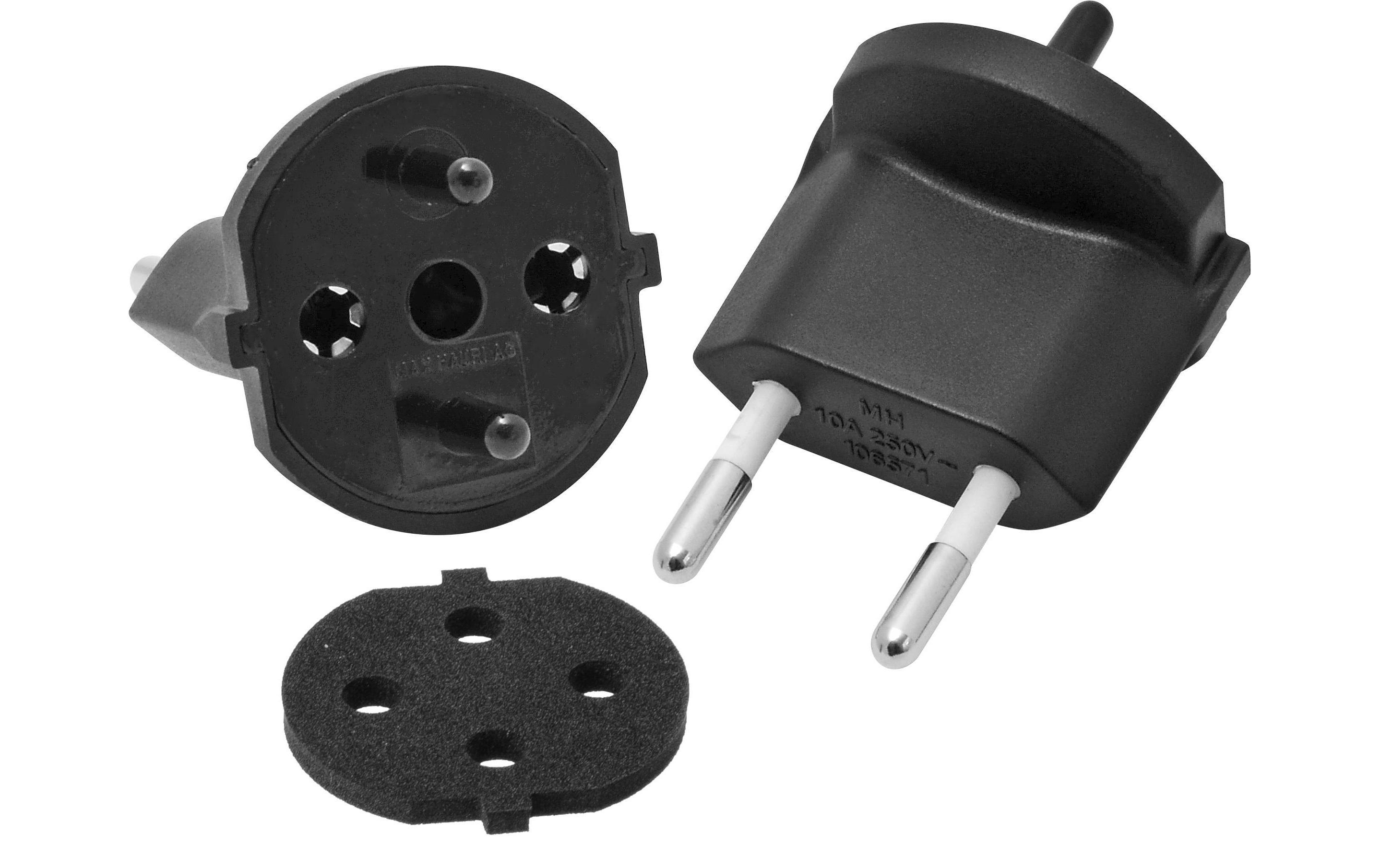 Fixadapter SchuKo Konturenstecker – T11 IP44 mit Moosgummi2-Pol Deutsch (CEE7) auf Schweiz T11, schwarz