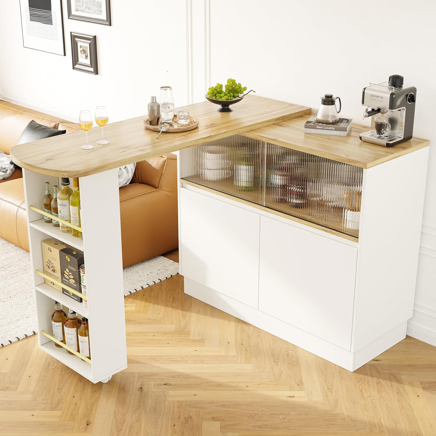 Azkoeesy Bartisch Esstisch 360° drehbare mit Stauraum, 90 x 45 x 100-165 cm, mit Rollen, Seitenregal, Schiebetüren aus Glas, Stehtisch/Bistrotisch/Hochtisch/Kücheninsel, weiß