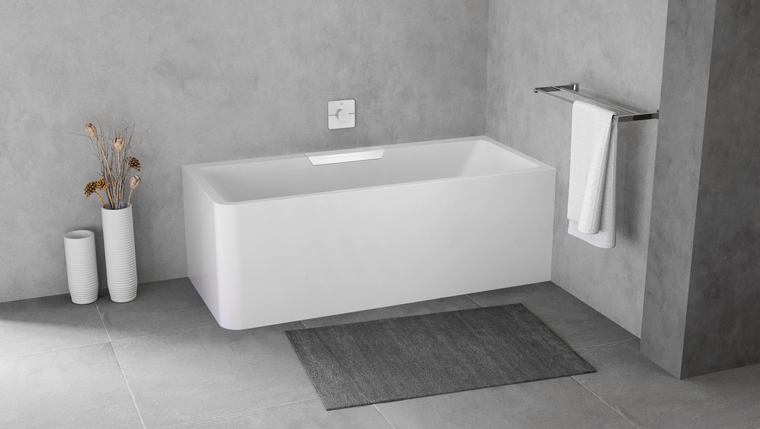 Polysan Monolith Cascata rechts half vrijstaand bad met witte waterval uitloop 180x80cm