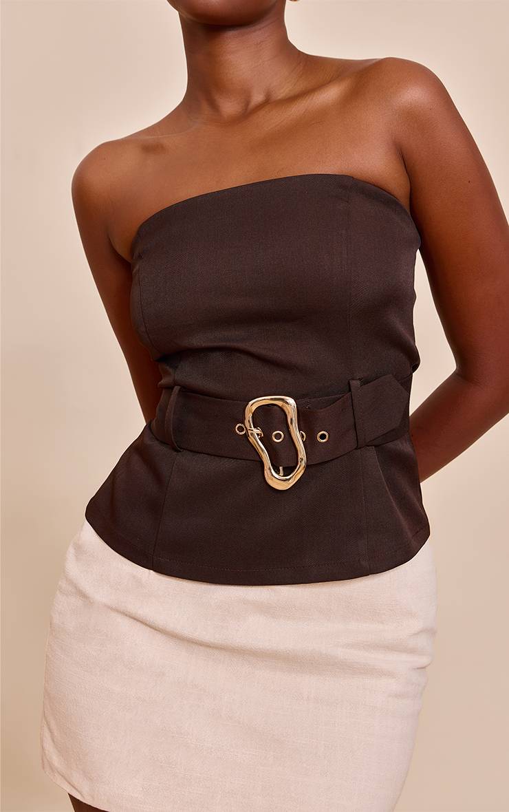 Chocolat Top Bandeau Tissé Avec Ceinture Et Détails Contrastants