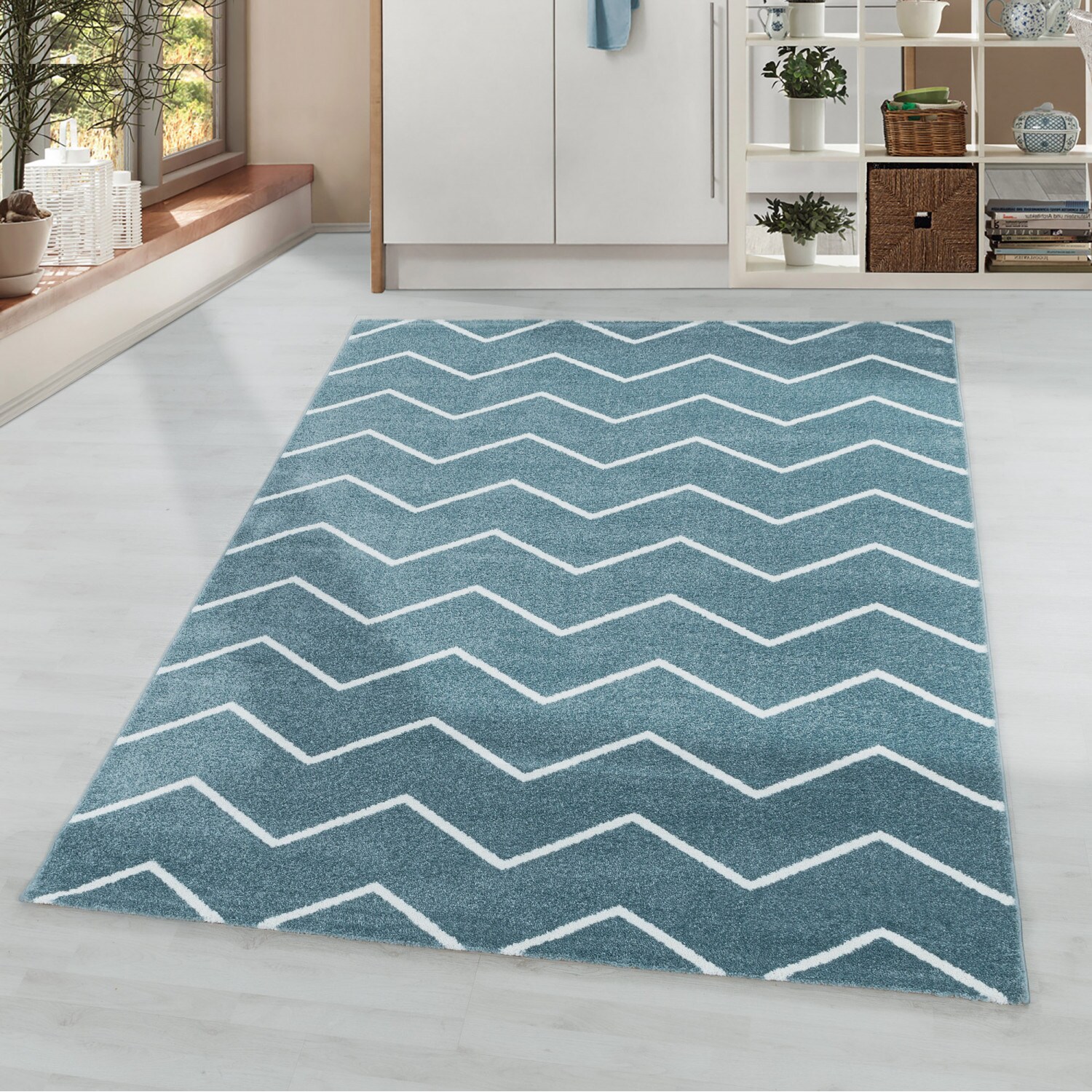 Stilvoller Designer Teppich: Modernes Kurzflor-Zick-Zack Design, Wohnzimmer