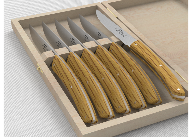 Service de 6 couteaux de table LE THIERS® avec un manche en bois de chêne et lame en acier inoxydable